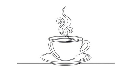 A simple line drawing of a steaming cup of coffee on a saucer, isolated on a white background