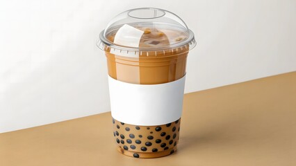 Iced bubble tea in clear plastic cup with lid and white sleeve on tan surface
