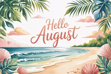 Hello August background. Watercolor beach scene full of tropical charm.