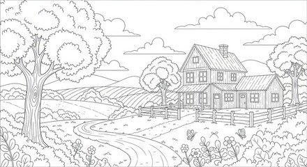 Obraz premium A charming country farmhouse sits nestled in a picturesque rural landscape with rolling hills and trees