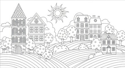 Fototapeta premium A charming village scene with diverse houses nestled on rolling hills under a radiant sun