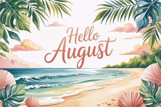 Hello August background. Watercolor beach scene full of tropical charm. - Powered by Adobe