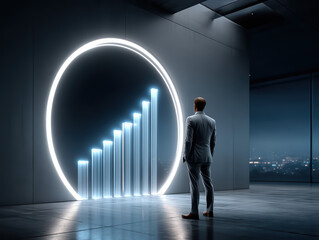 A man in a suit observes a glowing circular graph with ascending bars in a modern, dark room overlooking a cityscape at night.