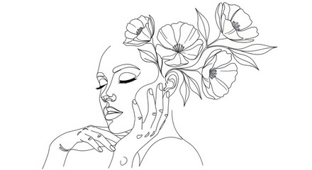 An elegant minimalist line drawing of a womans profile with flowers in her hair