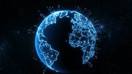 Glowing Data Network Across Rotating 3D Globe with Pulsing Light Beams - Powered by Adobe