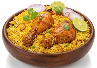 A wooden bowl filled with chicken biryani garnished with lime and onion rings on a white surface