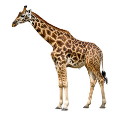 Obraz premium Realistic detailed baby giraffe standing isolated on white background, showcasing natural fur pattern and long neck, adorable nature animal photography