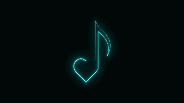 Cyan neon heart music note symbol glowing on black background ,4k Video - Powered by Adobe