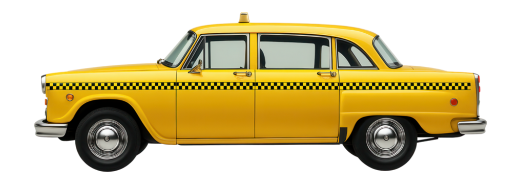 Checker cab with distinctive yellow and black pattern and chrome hubcaps