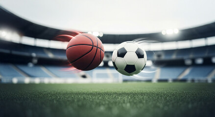 Composite image of a basketball and a soccer ball versus each other over a stadium field