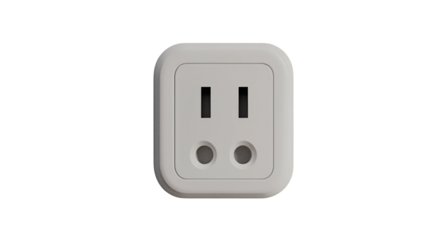 A modern white electrical outlet with two vertical slots and two round grounding holes in a rectangular shape with rounded edges.