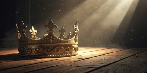 A majestic golden crown illuminated by divine light on a rustic wooden surface