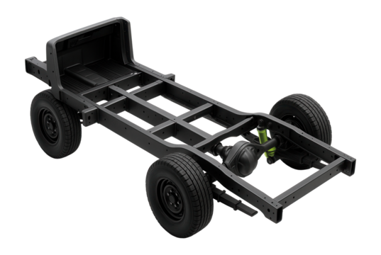 Truck chassis with open cabin and clearly visible rear suspension components