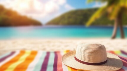 Relaxing beach day with a straw hat on colorful towel by the ocean