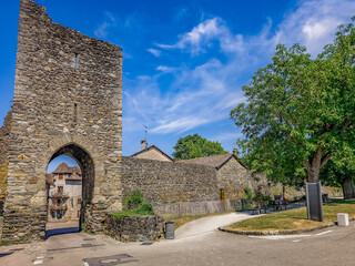 Medieval city walls, ramparts with Gothic square town gate in Yvoire, most beautiful villages in France