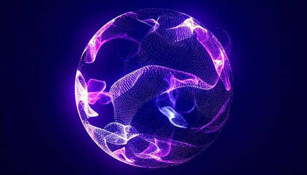Neon energy sphere of particles and waves of magical glowing. Abstract round shape.