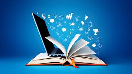 Laptop rests on an open book with business icons floating, symbolizing modern business learning and financial success.
