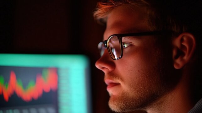 Focused man analyzing financial data with glowing screens in dim light