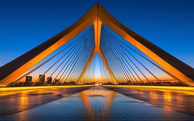 Obraz premium Striking cable-stayed bridge at dusk with golden light and city skyline