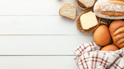 Delicious assortment of freshly baked bread and butter on wooden table