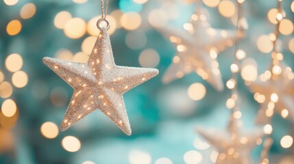 Sparkling star ornament hanging amid warm bokeh lights during festive season