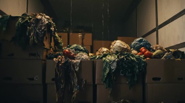 Refrigerated Truck Reveals Spoiled Produce with Rotting Textures and Dripping Condensation