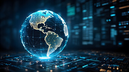 Glowing digital Earth globe hovers over a circuit board showcasing global connectivity and technological advancements.