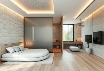 Modern studio with frosted glass partition and natural materials