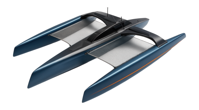 Trimaran yacht with three slender hulls and extended trampoline netting