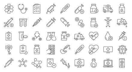 Collection of outline style medical icons including ambulance and pharmaceuticals