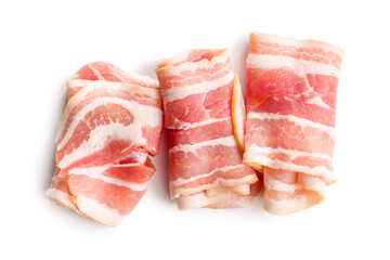 Slices of raw bacon isolated on white background.