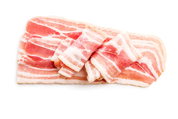 Slices of raw bacon isolated on white background.