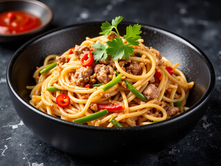 Spaghetti with minced meat, chili, and cilantro in black bowl National Noodle Day
