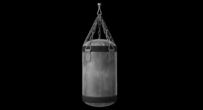 Vintage leather punching bag hanging from metal chains isolated on transparent background