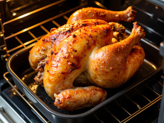 Fototapeta premium Roasted chicken in oven with crispy golden skin on baking tray thanksgiving day 