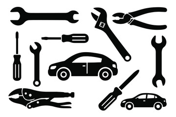 Vector icons for repair line including Screwdriver, Wrench, Hammer for Auto service