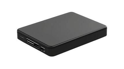 Fototapeta premium A sleek, black external hard drive with multiple ports on one side, designed for portable data storage and connectivity.