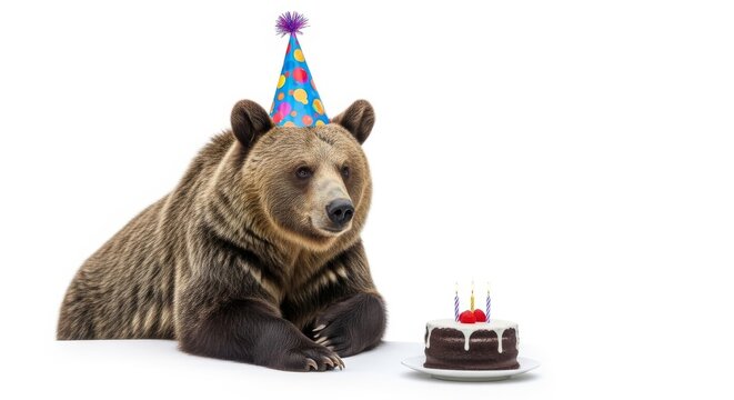 bear wearing a birthday hat with a birthday cake, party celebration image, white background