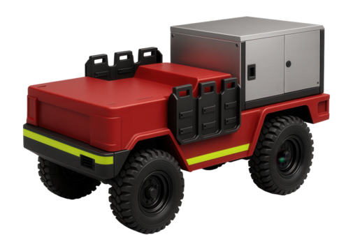Forest fire support vehicle with rear generator unit and visible tool racks