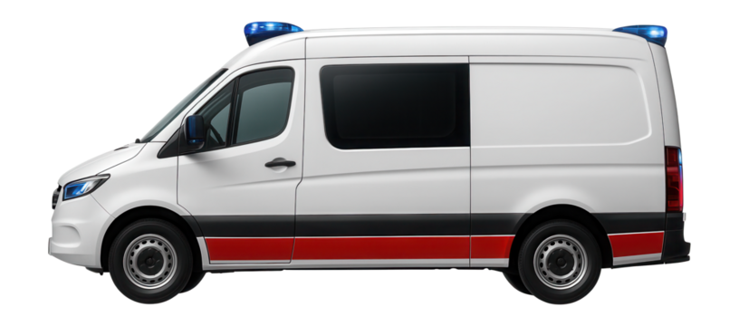 Modern ambulance with tinted rear windows and blue emergency lights
