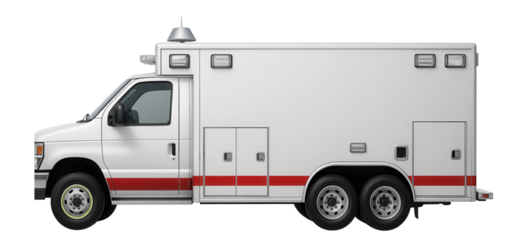 Large ambulance with dual rear axles and rooftop communication antenna