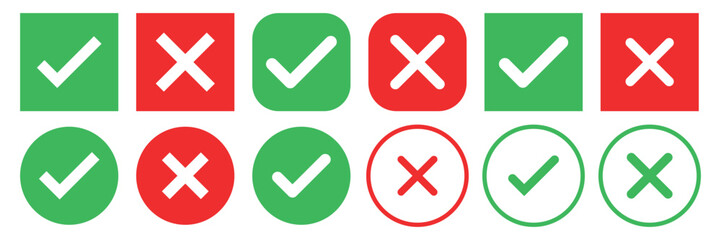 Obraz premium Green tick and red cross checkmarks. Right or wrong icons. Checkmark and x mark icon for apps and websites.