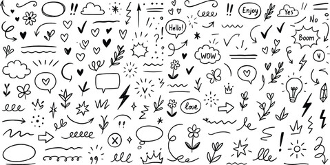Playful Hand Drawn Doodle Collection Whimsical Sketch Elements for Creative Projects and Designs Fun Vector Illustration Ideal for Various Applications