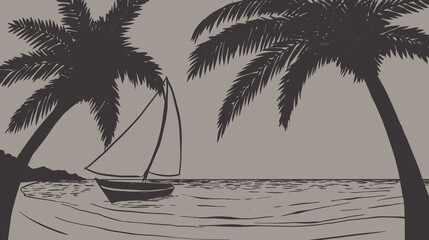 Vector print silhouette of ocean and palm trees on the beach, yacht