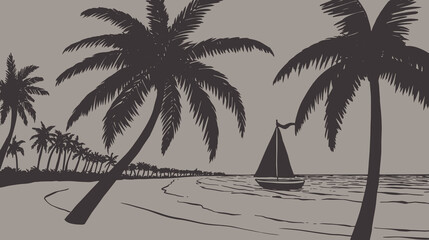 Vector print silhouette of ocean and palm trees on the beach, yacht