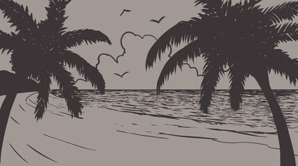 Vector print silhouette of ocean and palm trees on the beach, 