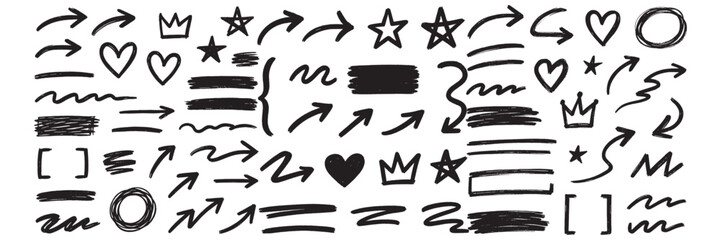 Hand Drawn Doodles Collection Black and White Decorative Elements Arrows Stars Hearts Crowns Circles Lines Swirls and Brackets