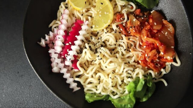 Budha boul noodle fresh gourmet food background on the table rustic food top view copy space vegan and vegetarian food