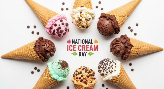 Arrangement of ice cream cones with different flavors and national ice cream day text on white background