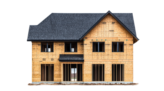 A two-story house under construction with exposed wooden framework and a gray shingled roof.